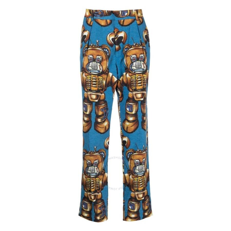 Shop Moschino Blue Allover Robot Print Cotton Trousers