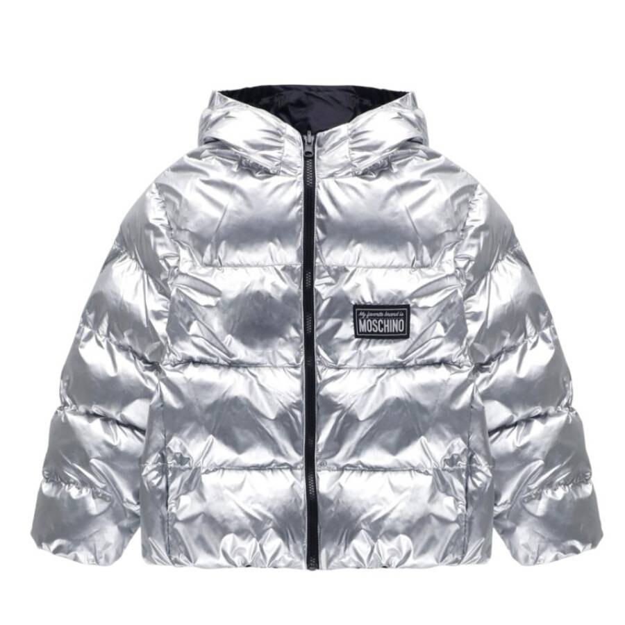 Moschino Padded Jacket With Logo In Silver Tone