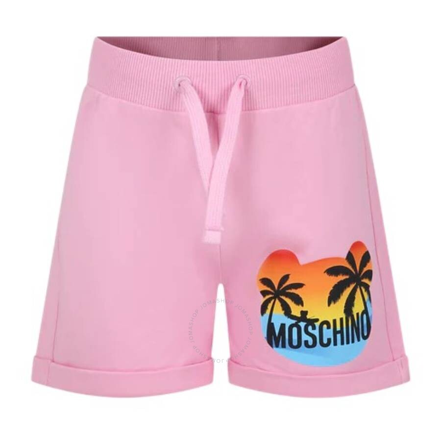 Moschino Pink Shorts For Girl With Multicolor Print And Logo In Pink