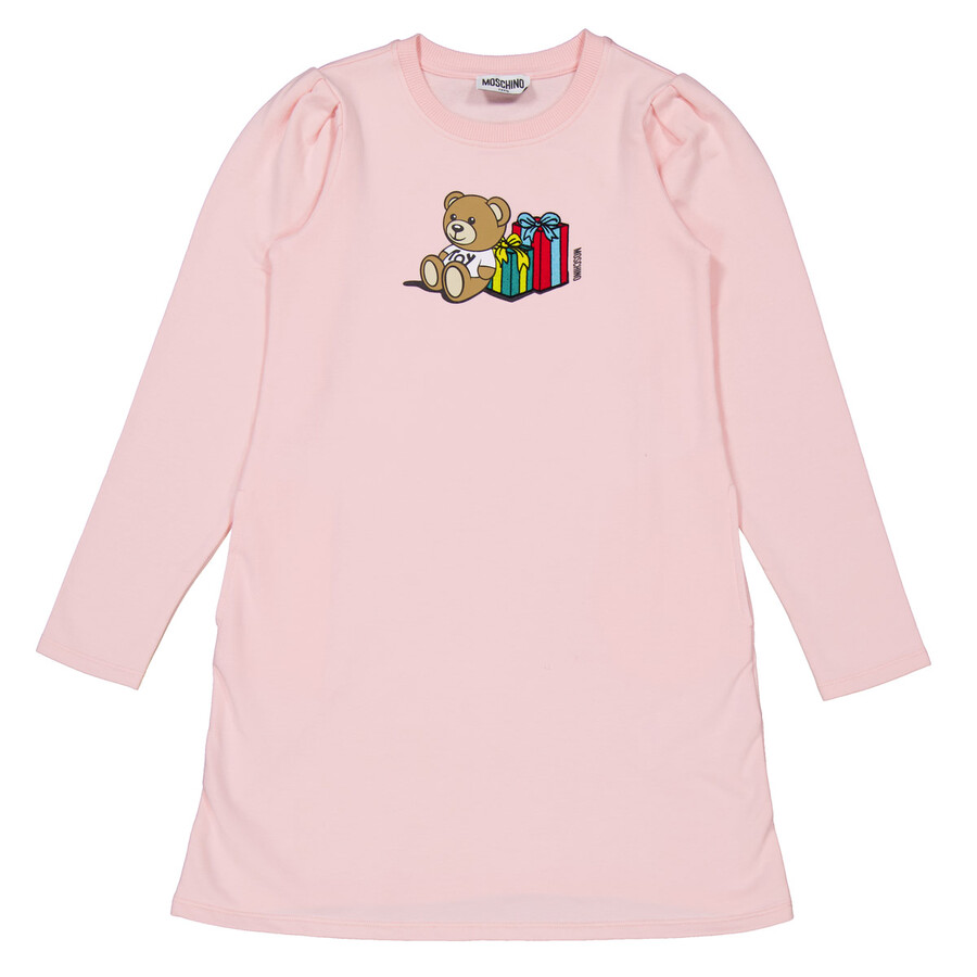 Girls Teddy Bear-Print Crew Neck Dress