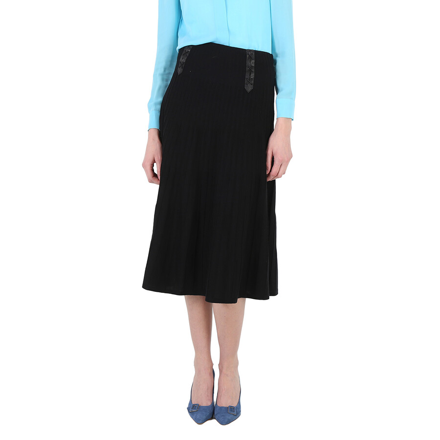 Moschino Ladies Black Leather Detail Pleated Long Skirt In Black