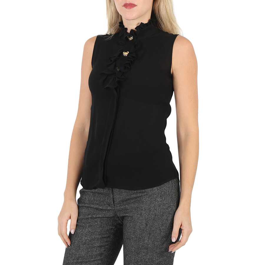 Shop Moschino Ladies Black Ruffle-trim Silk Sleeveless Shirt