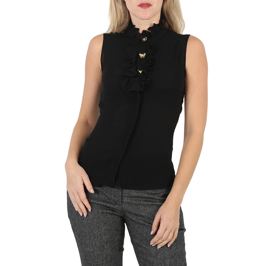 Shop Moschino Ladies Black Ruffle-trim Silk Sleeveless Shirt