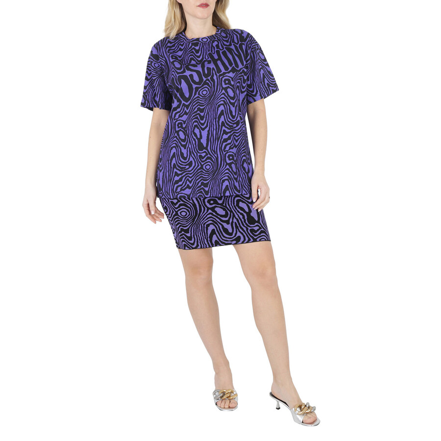 Moschino Ladies Moire Effect Print Cotton Viscose Mini Skirt In Purple