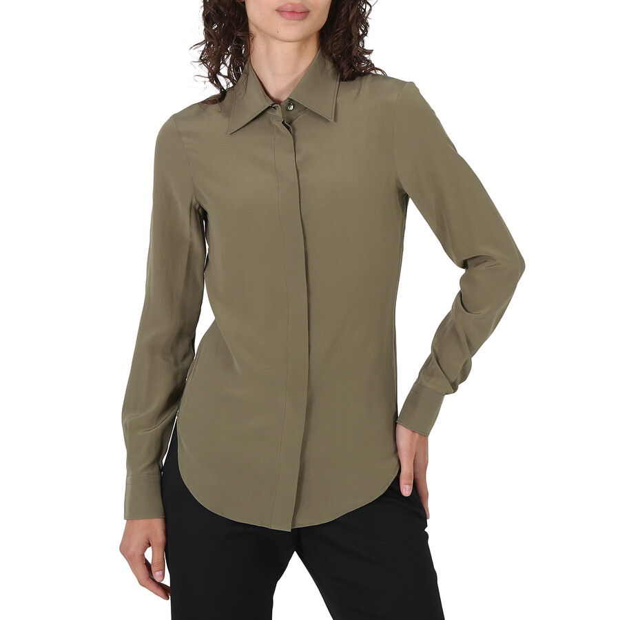 Ladies Olive Button Down Blouse, Brand Size 36 (US Size 2)