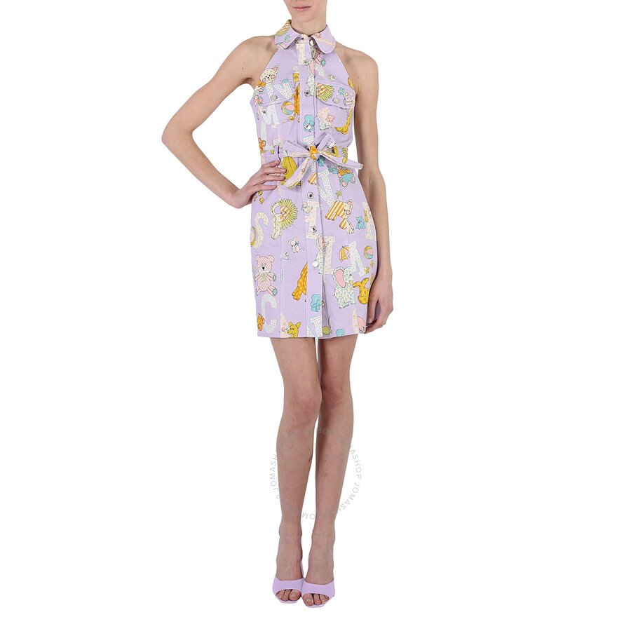 Moschino Ladies Purple All Over Logo Circus Print Dress In Purple