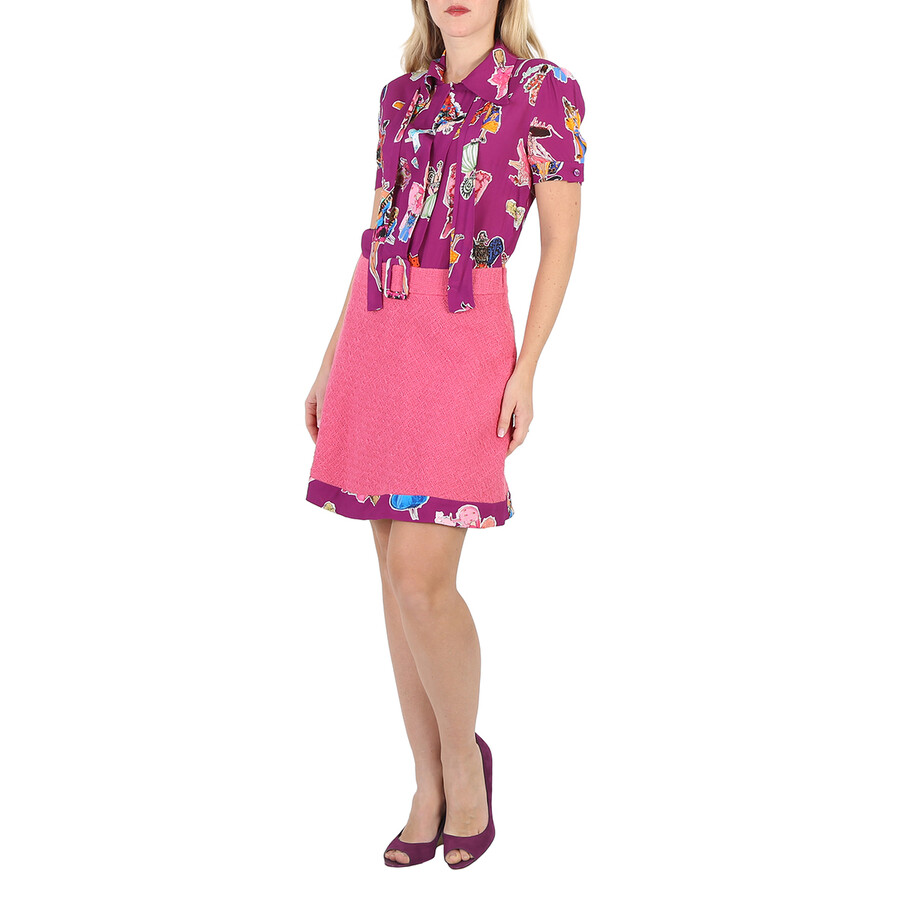 Shop Moschino Ladies Sketches Georgette And Boucle Dress In Fuschia