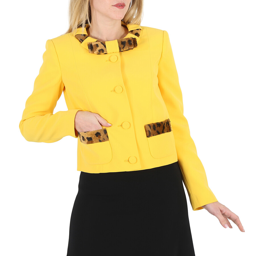 Moschino Ladies Yellow Leopard Print Detail Crepe Blazer