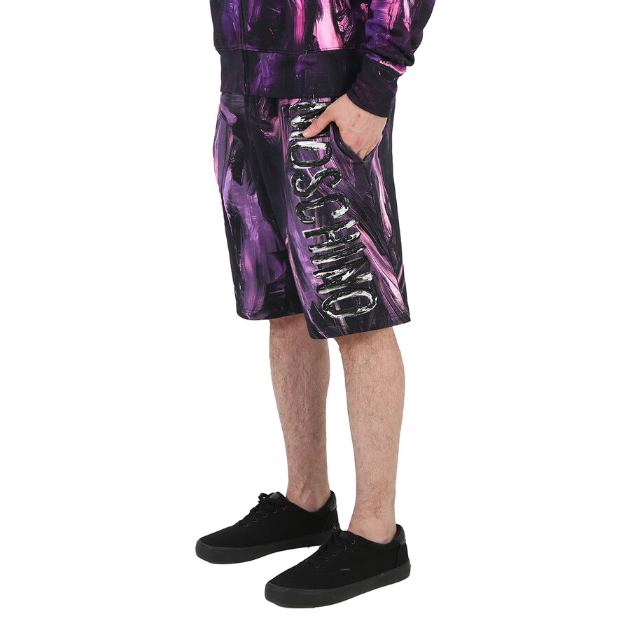 Shop Moschino Men's Painted Effect Print Fleece Shorts In Purple/black