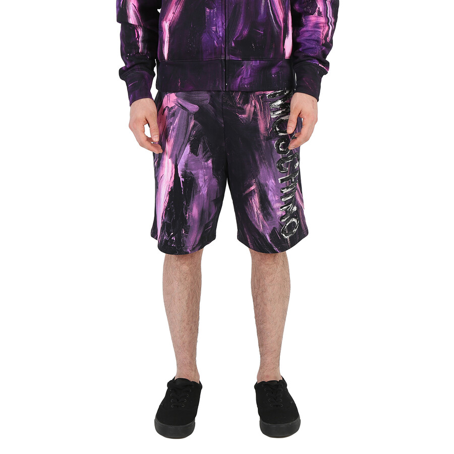 Shop Moschino Men's Painted Effect Print Fleece Shorts In Purple/black