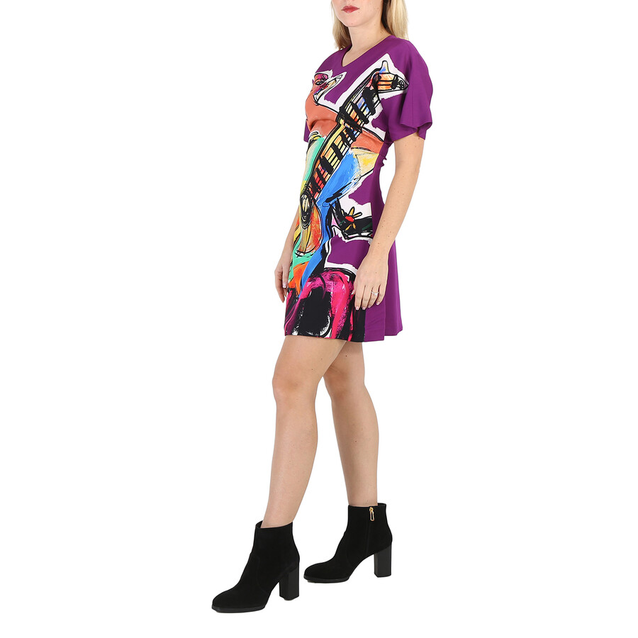Moschino Purple Sketches Print Double Stretch Georgette Dress In Purple