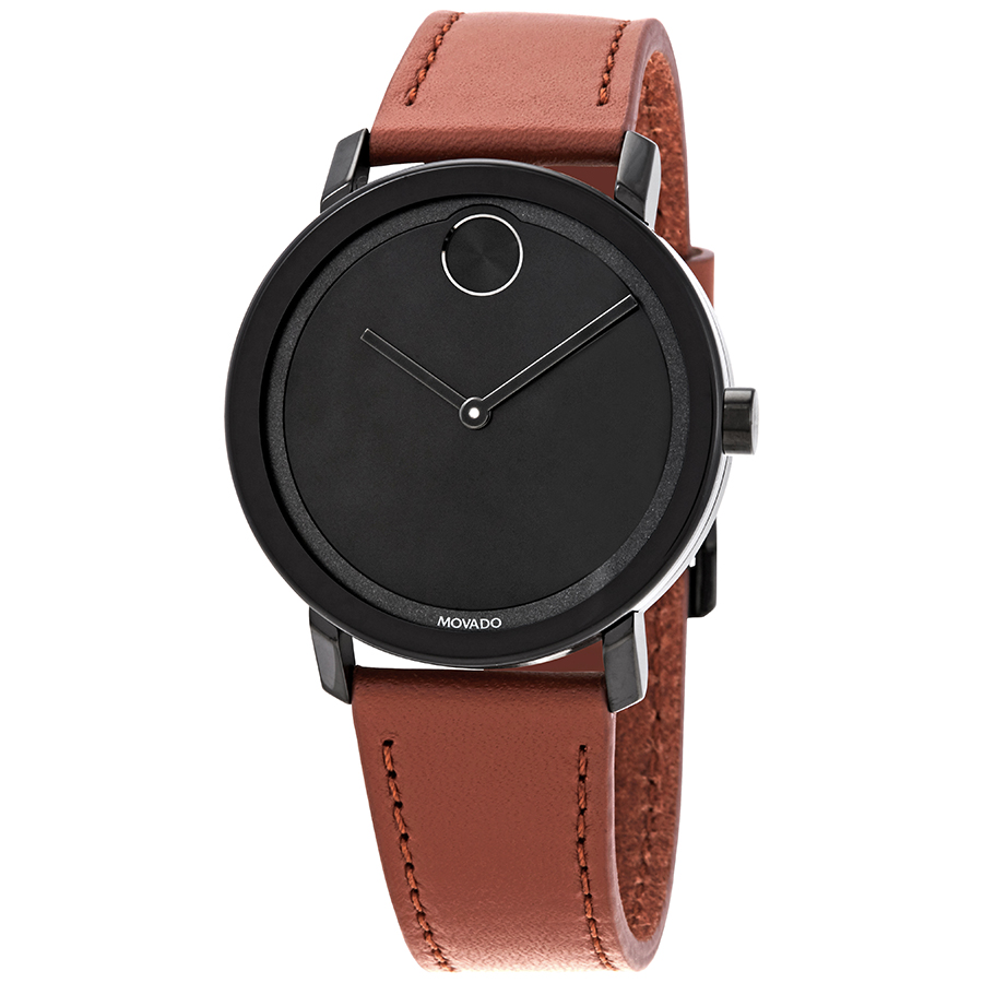 Movado Bold Black Sunray Dial Cognac Leather Men's Watch 3600537