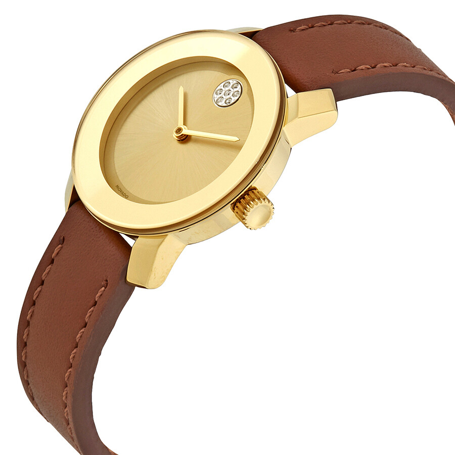 Movado Bold Gold Dial Brown Leather Ladies Watch 3600437 Bold
