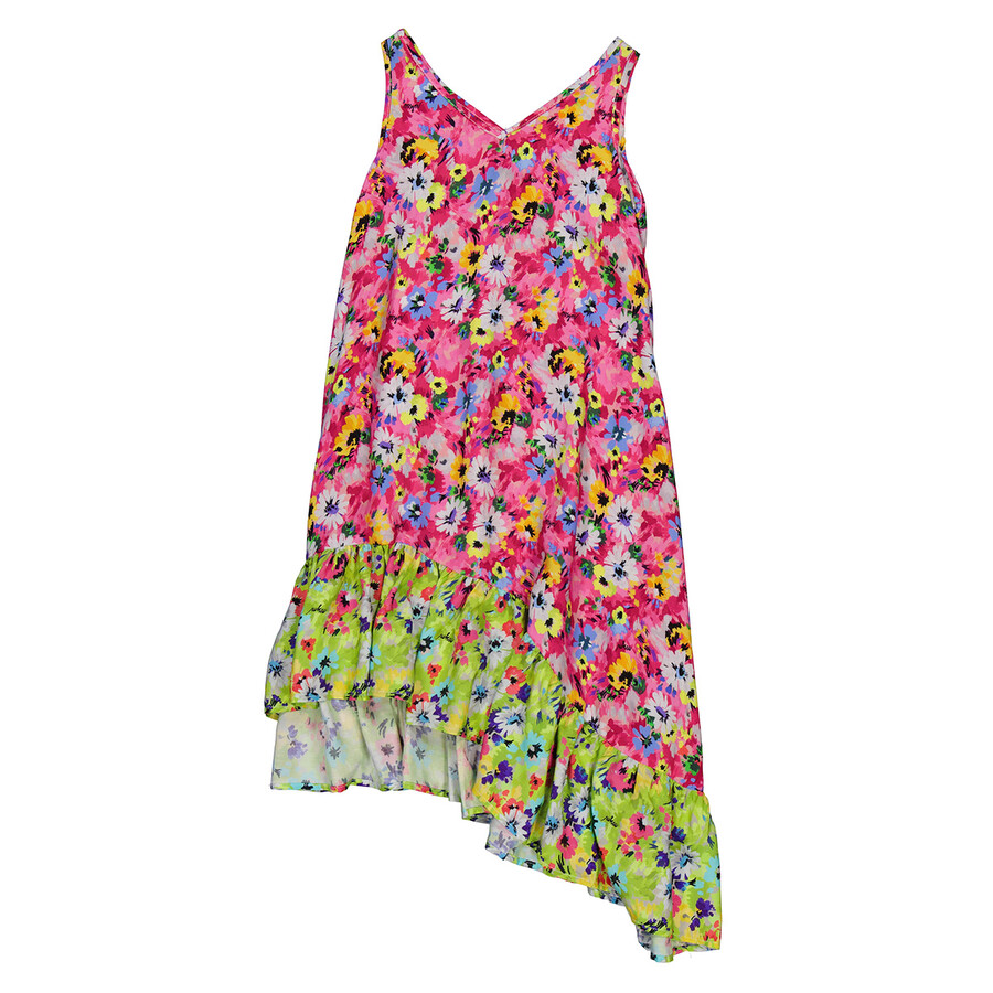 Shop Msgm Girls Fucsia Floral Print Asymmetric Dress