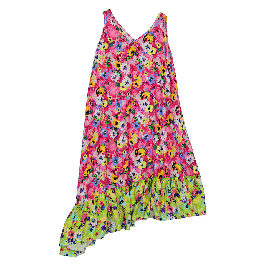 Shop Msgm Girls Fucsia Floral Print Asymmetric Dress