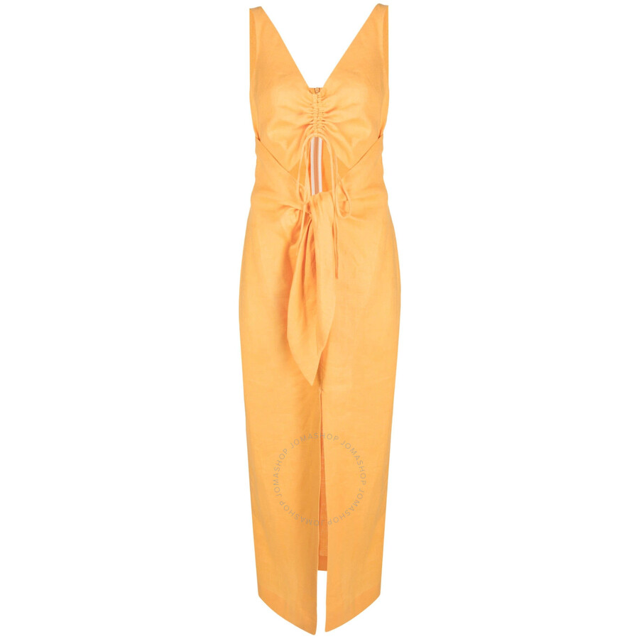 Nanushka Cutout Ruched Linen Midi Dress In Orange