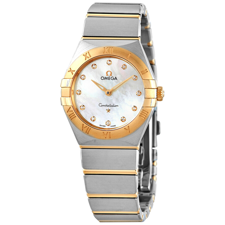 Shop Omega Constellation Manhattan Quartz Diamond White Mother Of Pearl Dial Ladies Watch 131.20.28.60.55 In Two Tone  / Gold / Gold Tone / Mother Of Pearl / White / Yellow