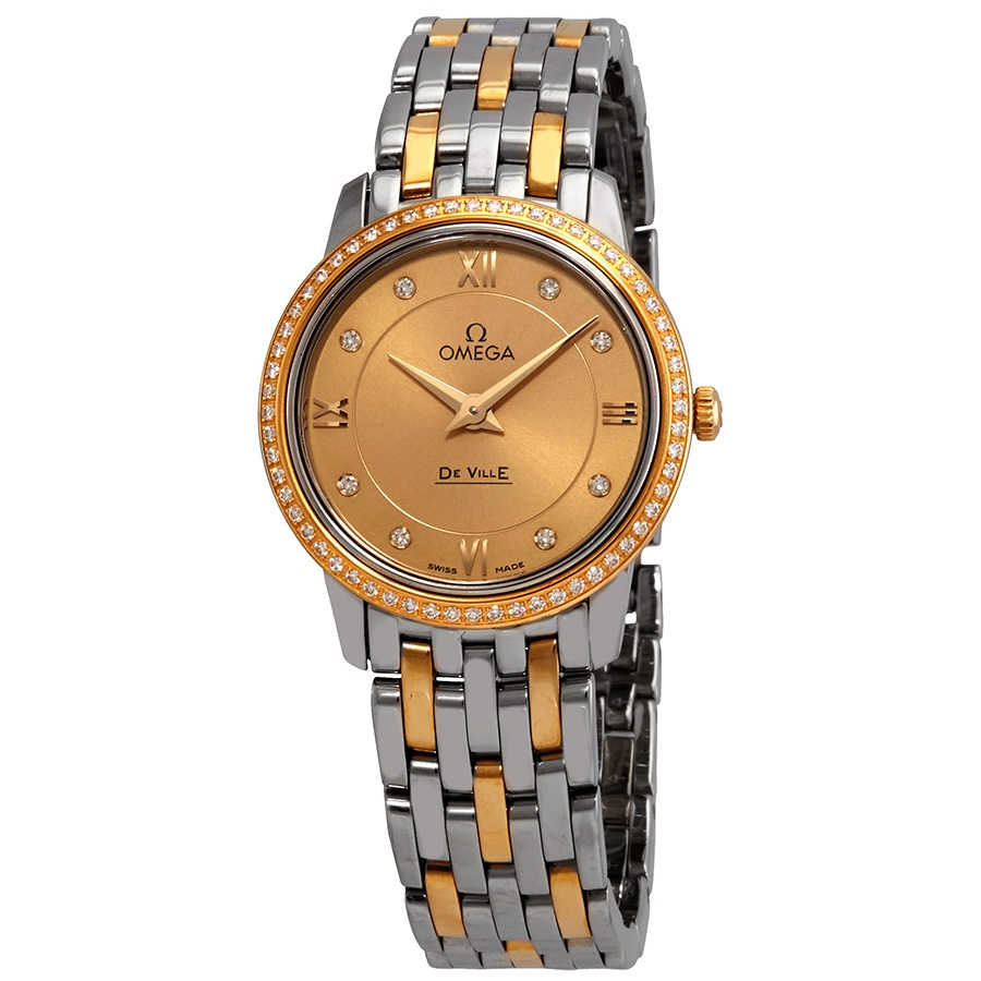 Omega De Ville Champagne Diamond Dial Steel and 18kt Yellow Gold Ladies Watch 424.25.27.60.58.001
