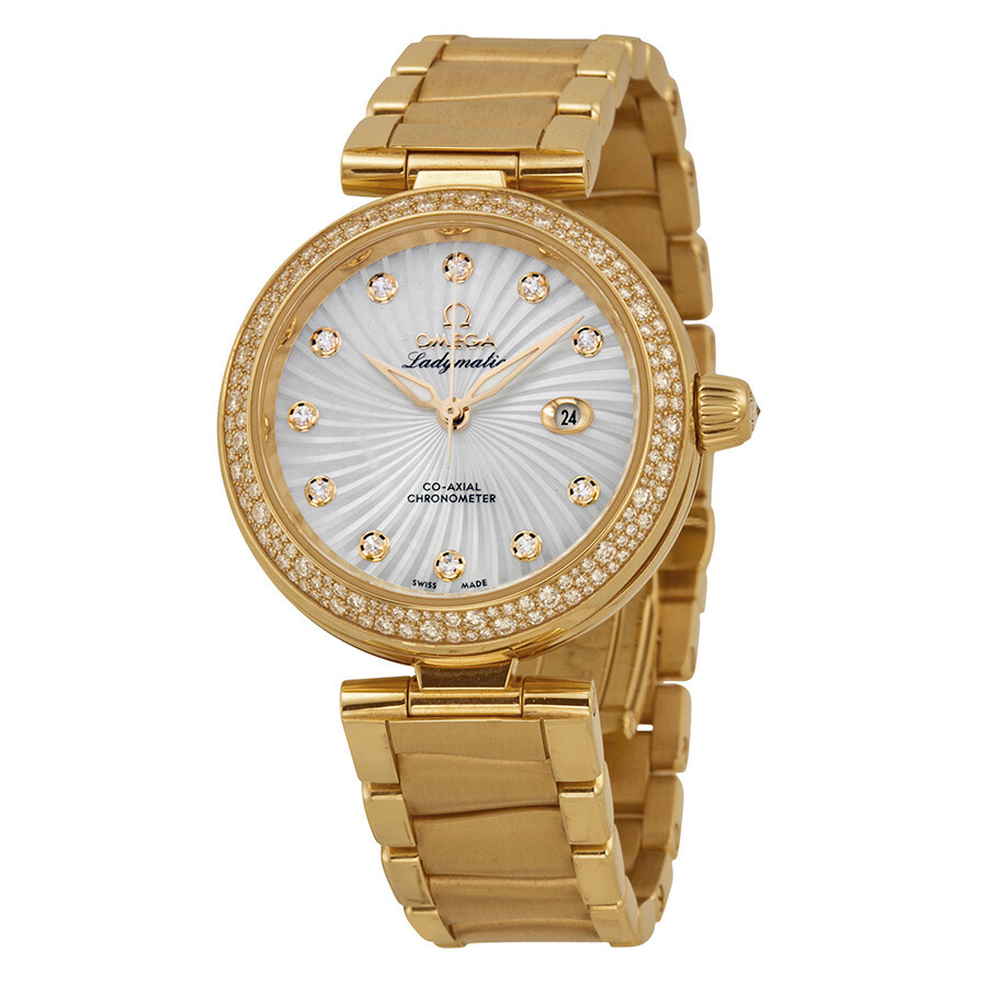 Omega De Ville Ladymatic Mother of Pearl Dial 18K Yellow Gold Diamond Ladies Watch