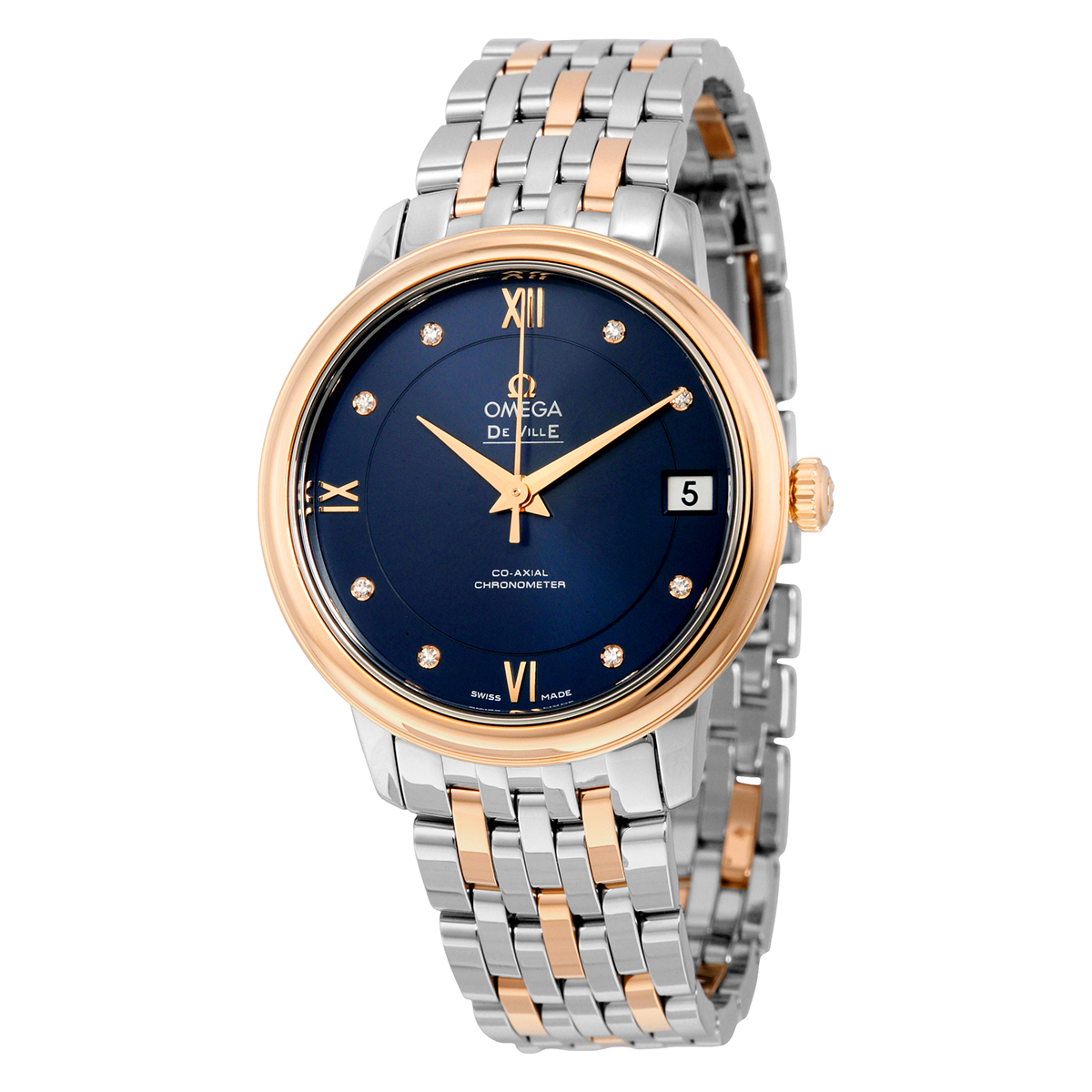 De Ville Prestige Co-Axial Automatic Blue Dial Stainless Steel and 18kt Rose Gold Ladies Watch 42420332053001