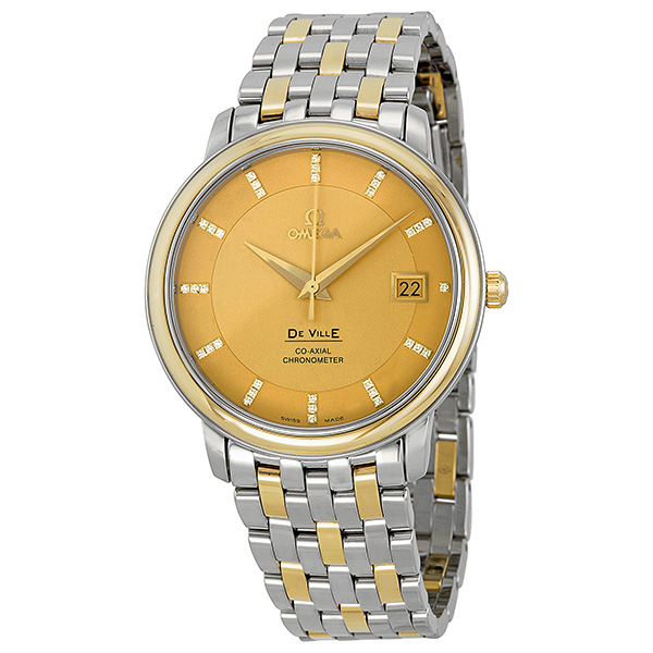 Omega DeVille Prestige Champagne Diamond Dial Steel and Yellow Gold Men's Watch 4374.15