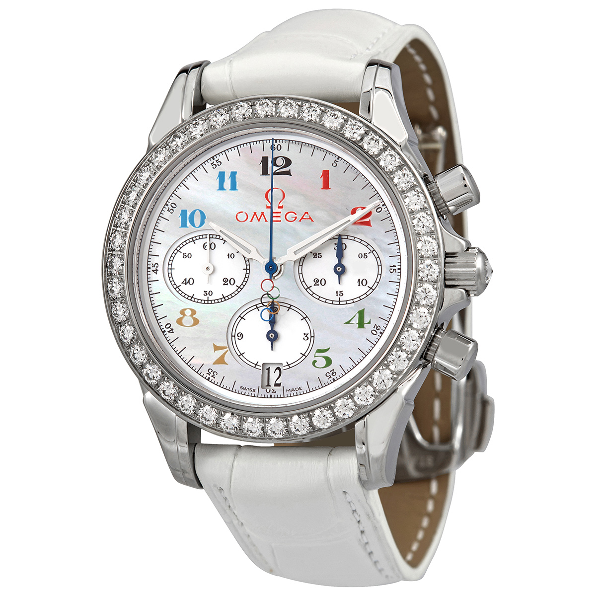 Omega Olympic Collection Timeless Chronograph Automatic Chronometer White Mother of Pearl Dial Ladies Watch 4876.70.36