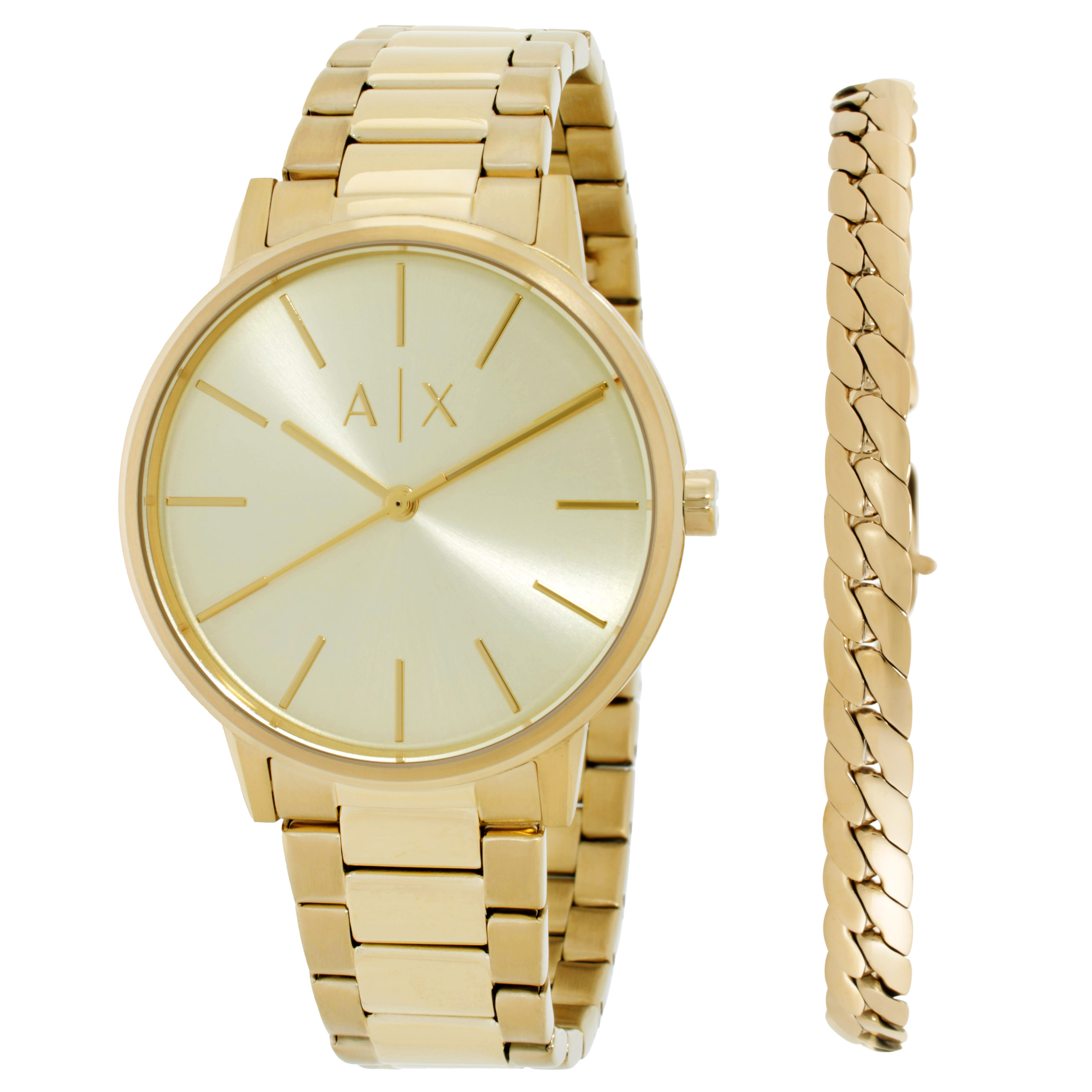 Open Box - Armani Exchange Quartz Gold Dial Men's Watch and Bracelet Set AX7144SET