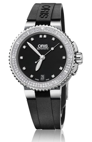 Oris Aquis Date Diamond Black Dial Black Rubber Ladies Watch 01 733 7652 4994-07 4 18 34