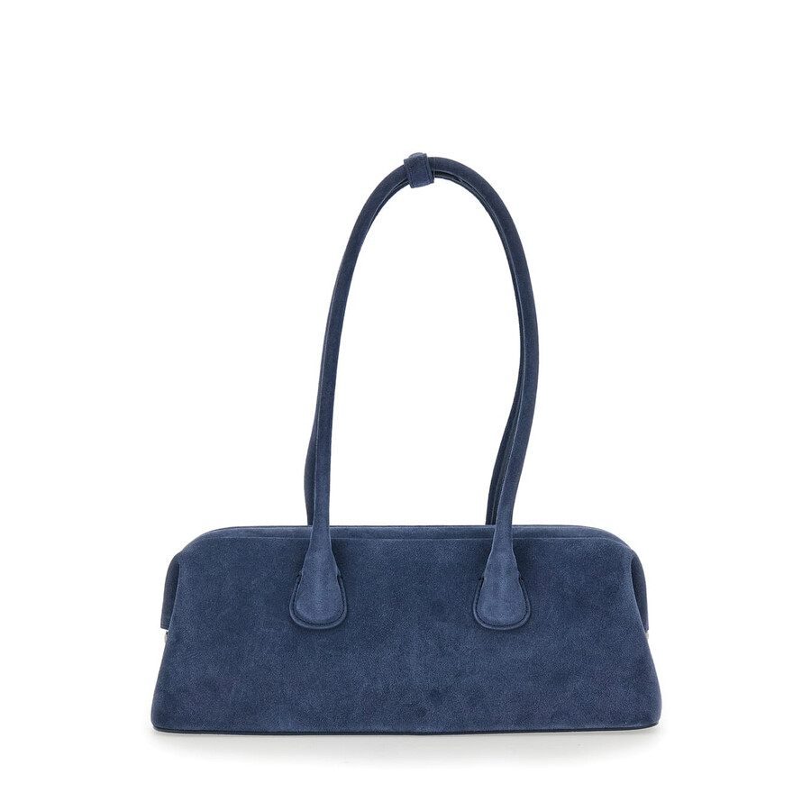 Osoi Boat Wide Blue Shoulder Bag With Round Handles In Suede In Blue