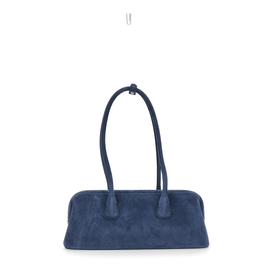 Osoi Boat Wide Blue Shoulder Bag With Round Handles In Suede In Blue