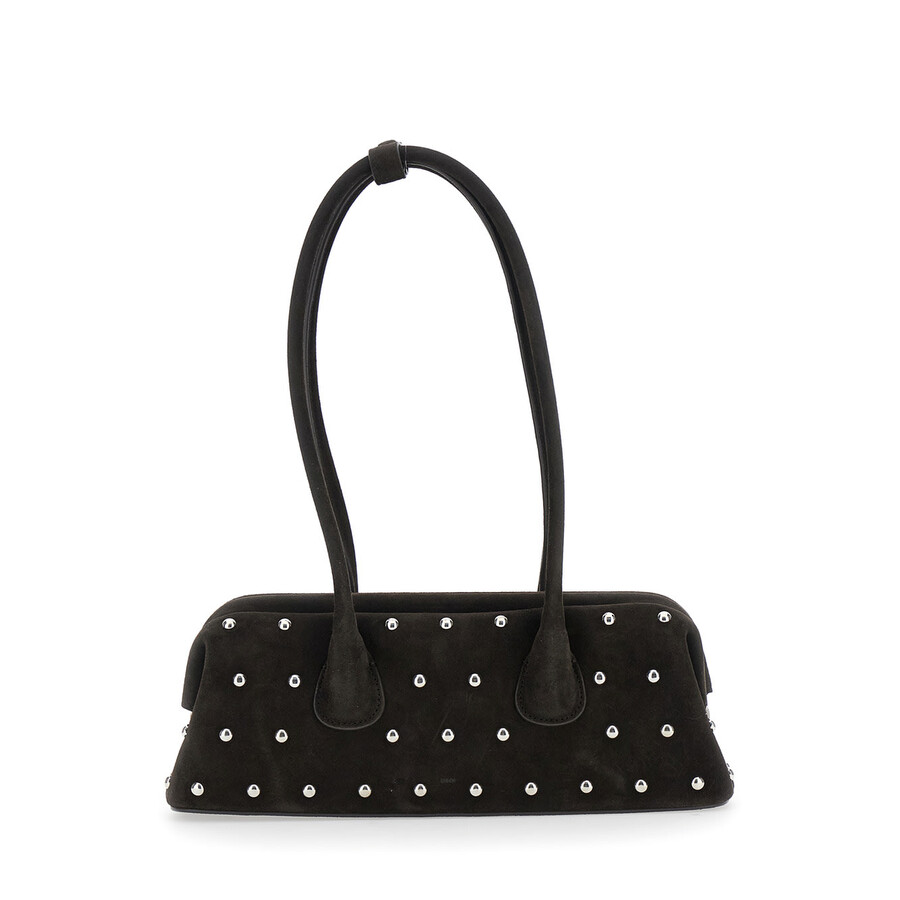 Osoi Boat Wide Mini Brown Shoulder Bag With Round Handles And Beaded Embellishment In Suede Woman In Black