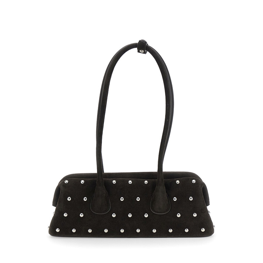 Osoi Boat Wide Mini Brown Shoulder Bag With Round Handles And Beaded Embellishment In Suede Woman In Black