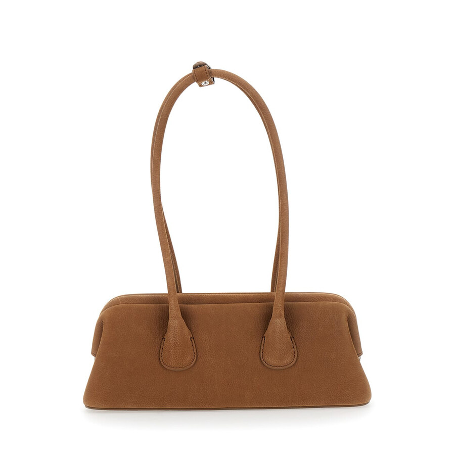 Osoi Boat Wide Mini Brown Shoulder Bag With Round Handles And Logo Lettering On The Front In Nubuck In Sand