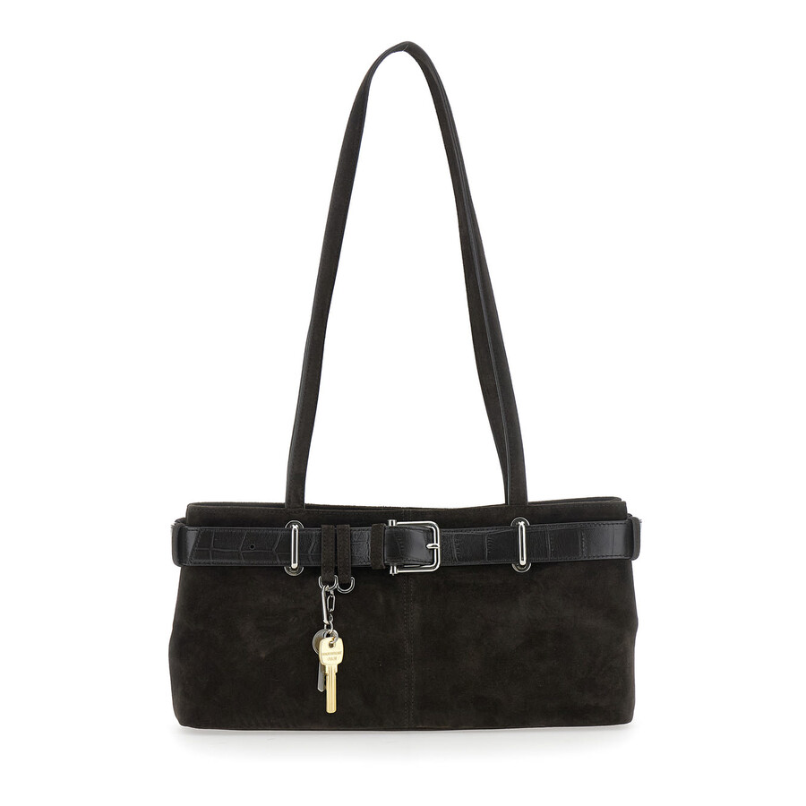 Osoi Brown Shoulder Bag With Belt Detail And Pendant Keys In Suede
