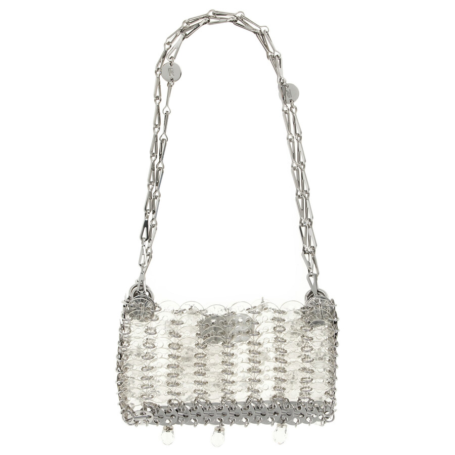 Rabanne Rectangular Shoulder Bag With Crystal And Chain In Silver