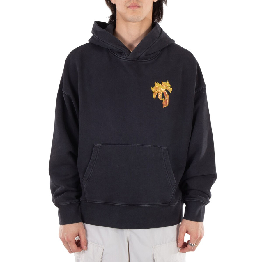 【関税＆送料込み】Palm Angels 'Burning Palm' Black Cotton Palm Angels Burning Palm Cotton Hoodie, Size Medium
