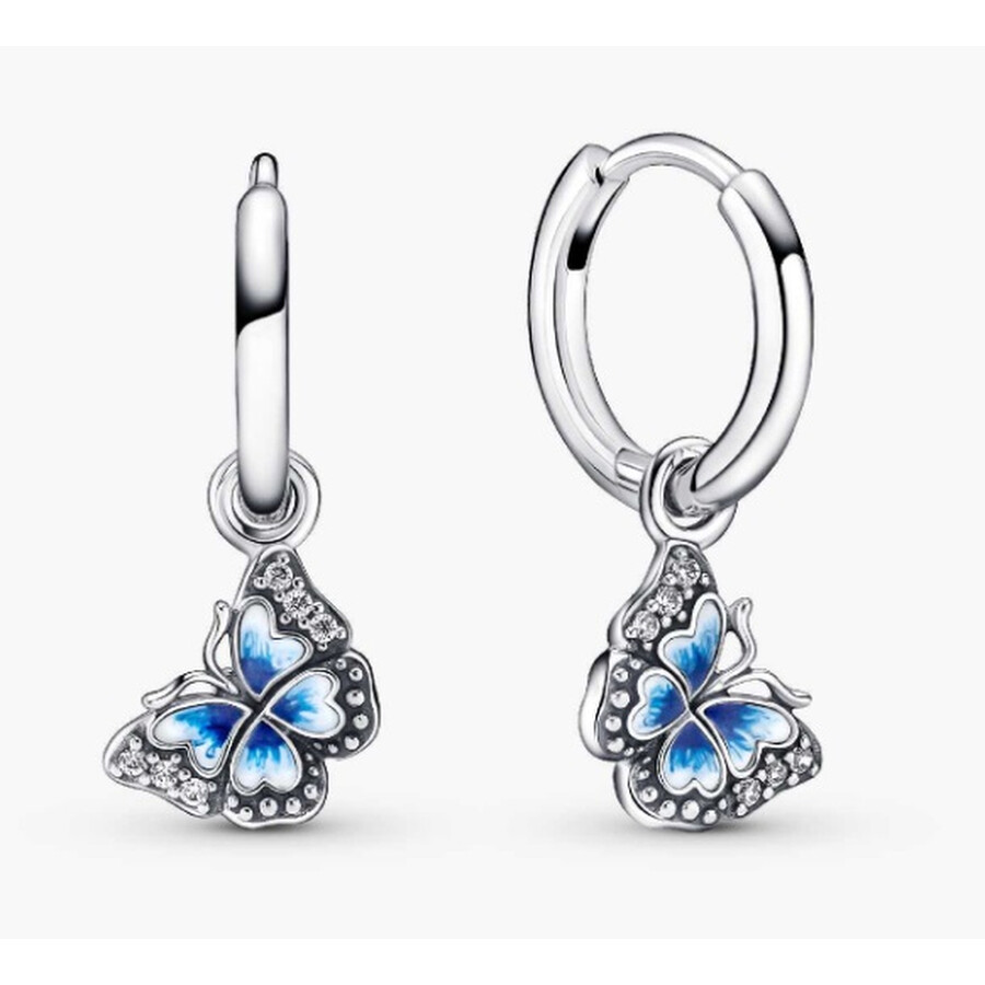 Pandora Butterfly Sterling Silver Hoop Earrings In Blue