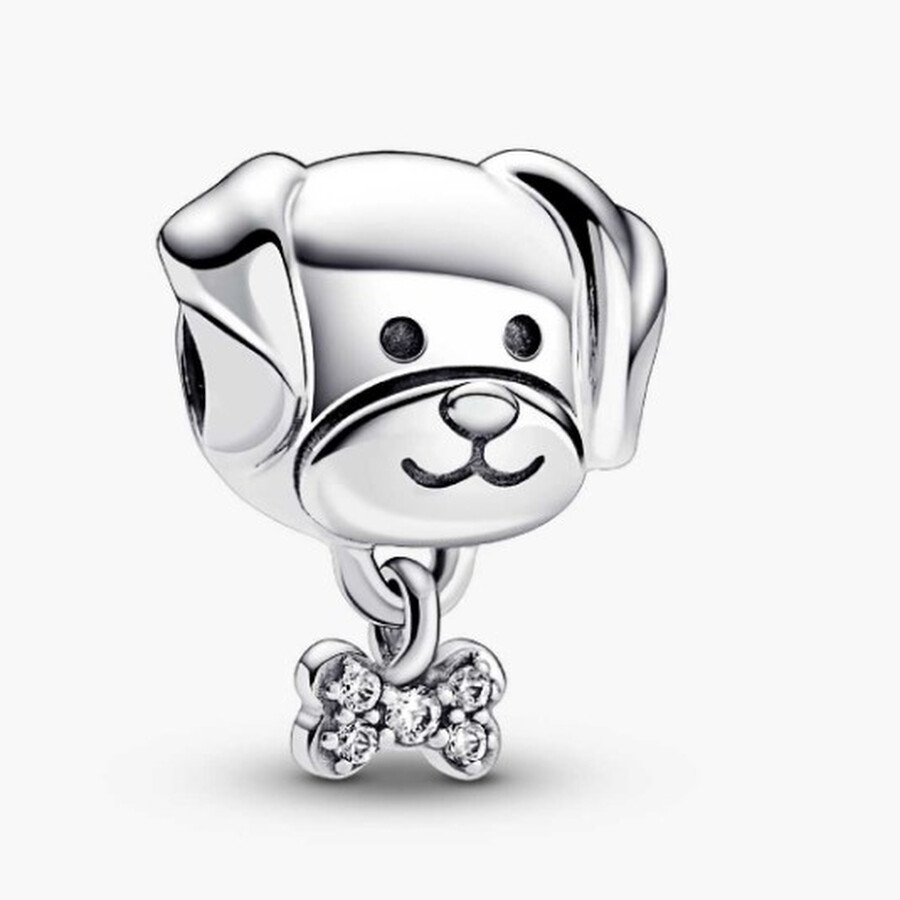 Pandora Dog Sterling Silver Charm With Clear Cubic Zirconia In Metallic