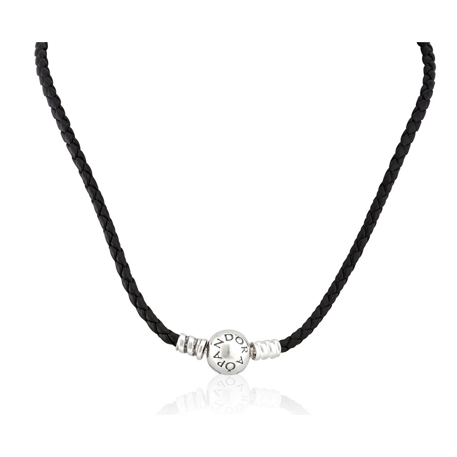 Pandora Silver Leather Bracelet In Black