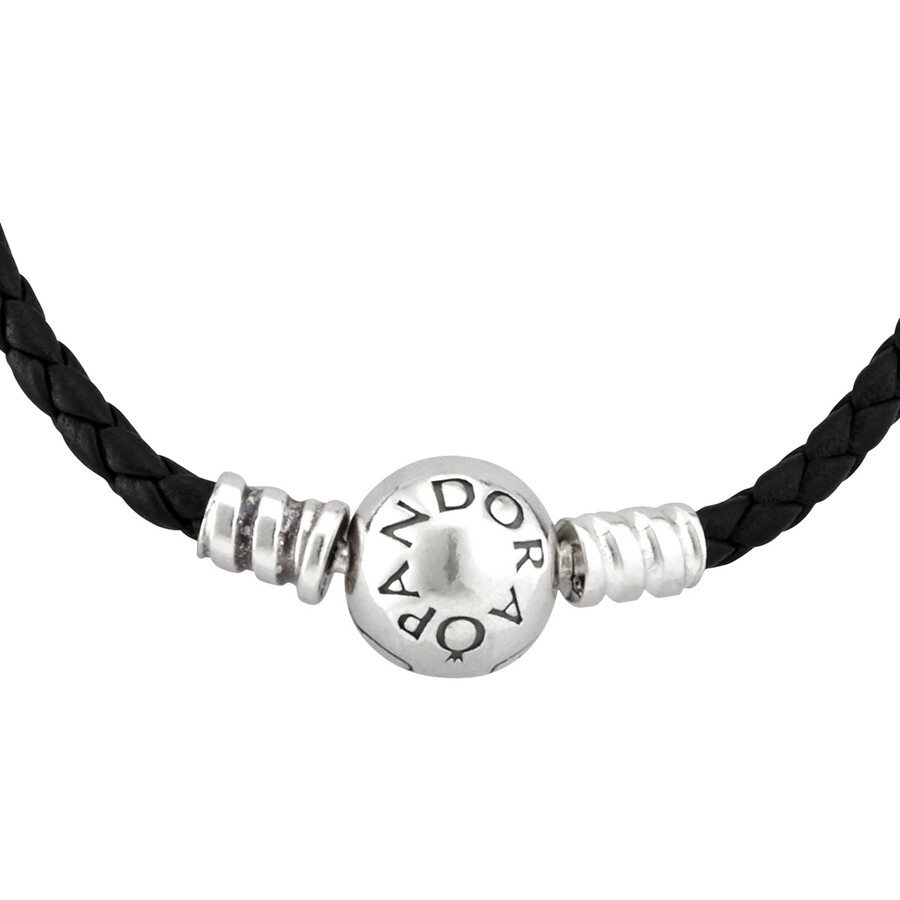 Pandora Silver Leather Bracelet In Black