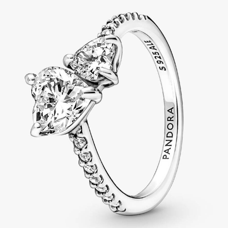 Pandora Double Heart Sterling Silver Sparkling Ring, Size 56 191198C01 ...