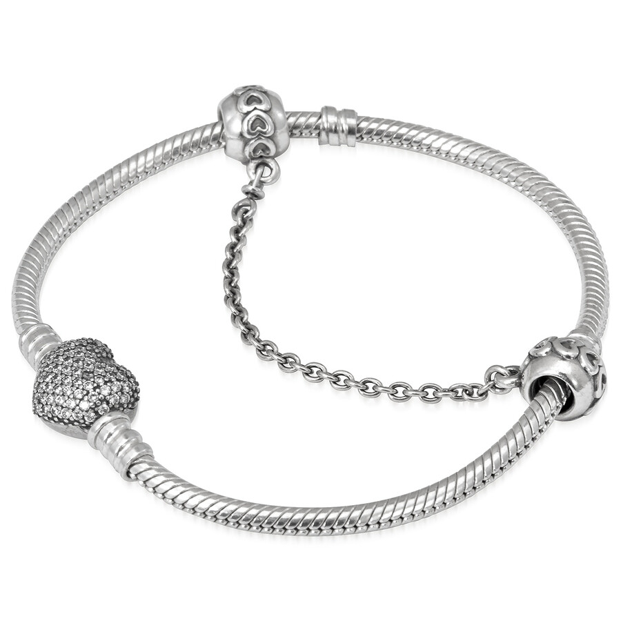 Pandora Moments Sparkling Heart Clasp Snake Chain Bracelet In Silver