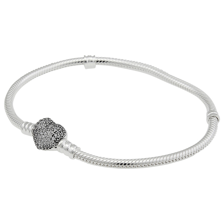 Pandora Moments Sparkling Heart Clasp Snake Chain Bracelet In Silver