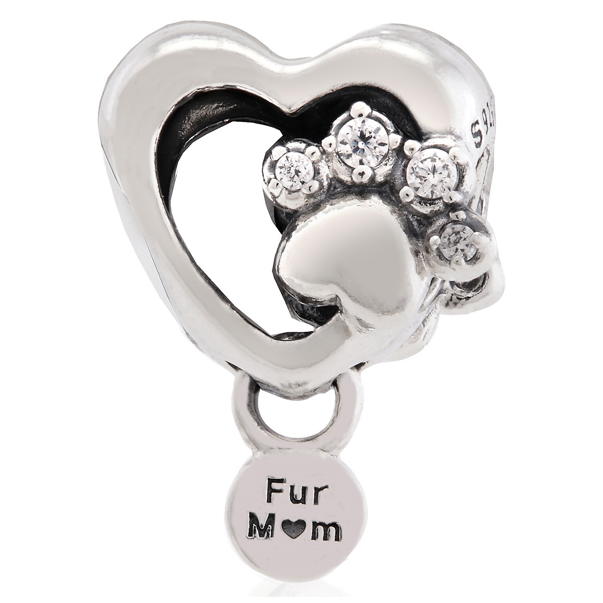 Pandora Paw Heart Sterling Silver Charm With Clear Cubic Zirconia