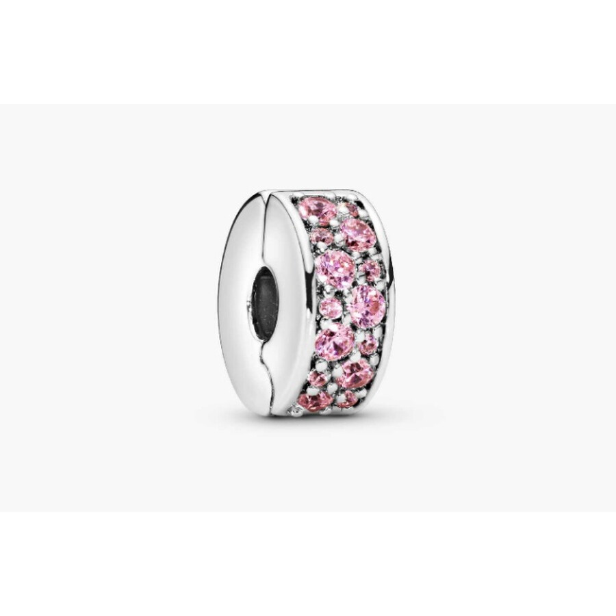 Pandora Silver Clip With Pink Cubic Zirconia And Silicone Grip In Metallic