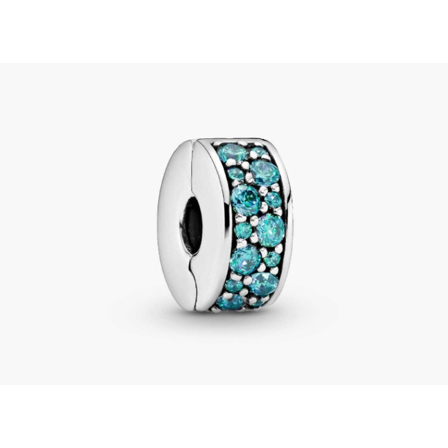 Pandora Silver Clip With Teal Cubic Zirconia And Silicone Grip In Silver