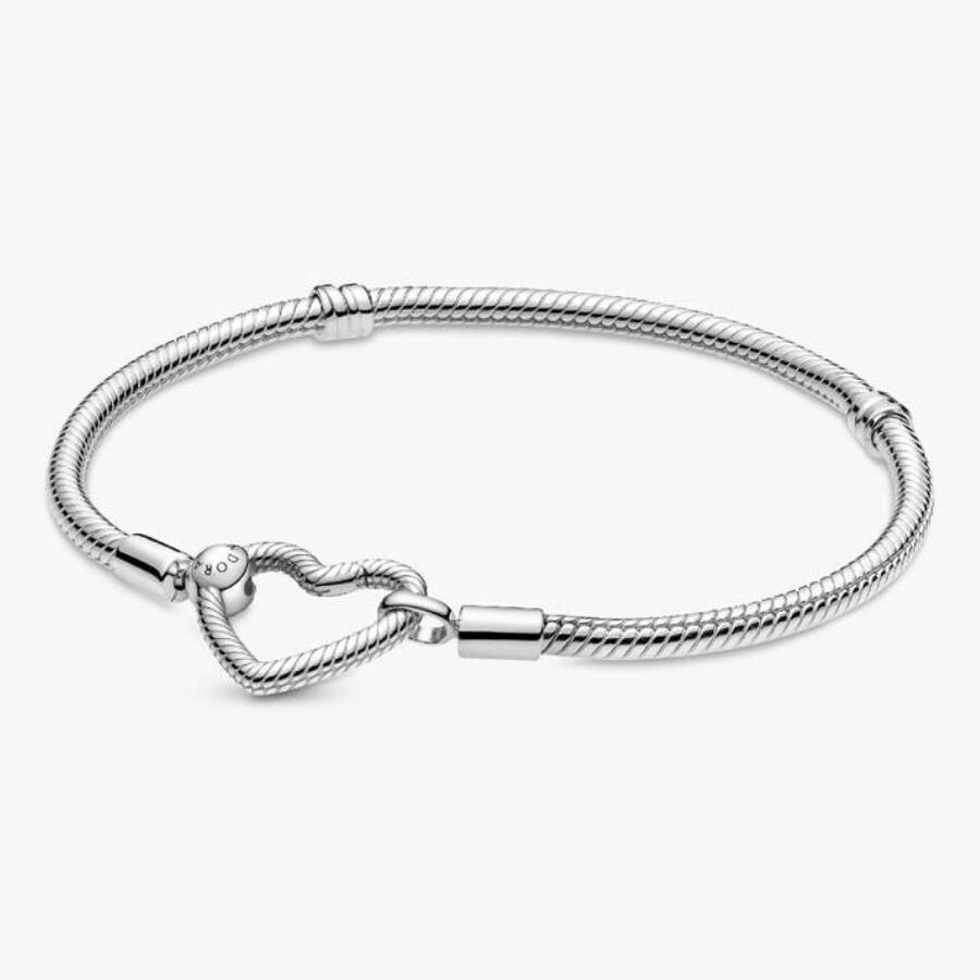 Pandora Snake Chain Sterling Silver Bracelet With Heart Clasp In Metallic
