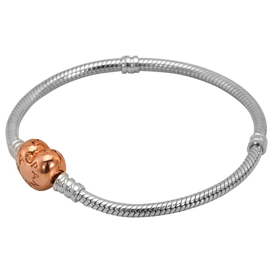 Pandora Sterling Silver And 14k Rose Gold-plated Moments Heart Clasp Snake Chain Bracelet In Metallic