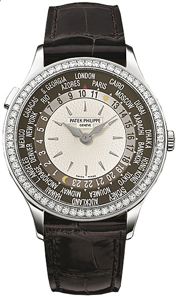 Patek Philippe Brown and Ivory Dial 18kt White Gold Diamond Brown Leather Ladies Watch 7130G-001