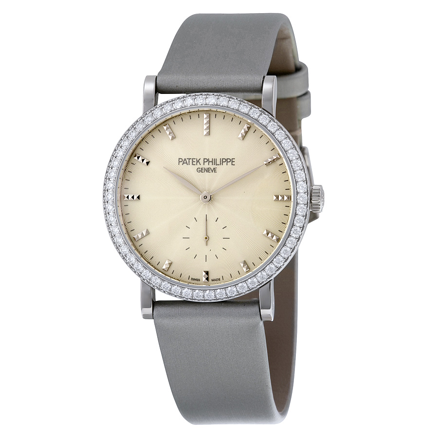 Patek Philippe Calatrava Cream Guilloche Dial 18kt White Gold Diamond Ladies Watch 7120G-001